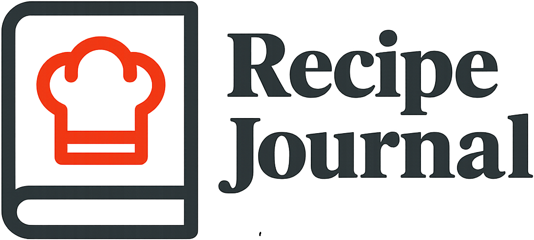 A logo with the text Recipe Journal next to a picture of a recipe hat with a chefs hat on the cover